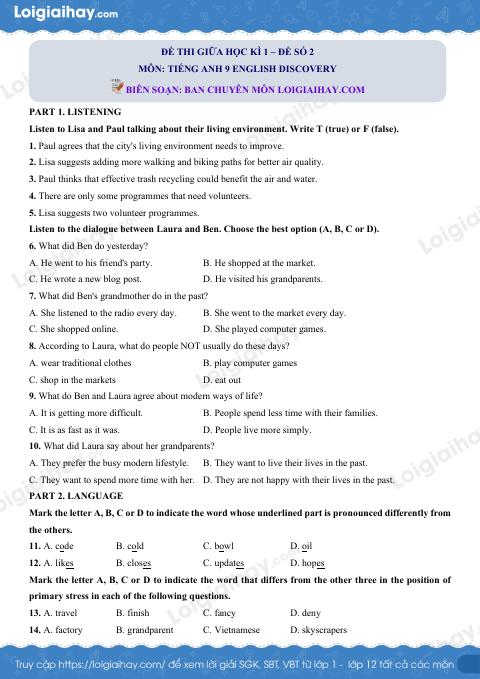 Đề thi giữa kì 1 Tiếng Anh 9 English Discovery - Đề số 2